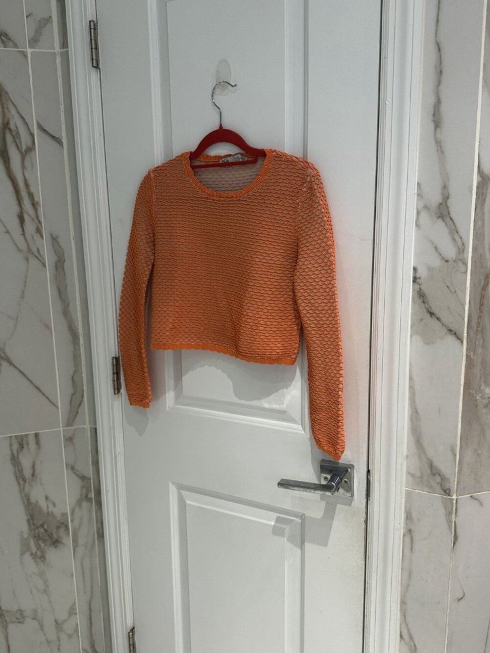 Zara Neon Orange Fishnet Cropped Lightweight Sweater Size Small